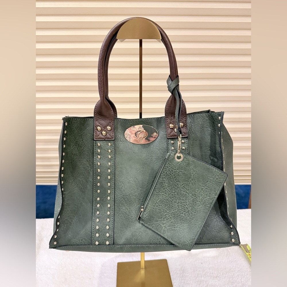 Elegant Green vegan leather Tote Bag with Pouch